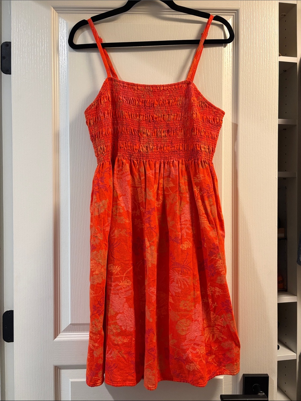 Women’s Red/Orange Floral Smocked Sundress with Pockets